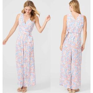 J. McLaughlin Hermione Jumpsuit Sleeveless‎ Pier Pebble White Coral Aqua Size 8